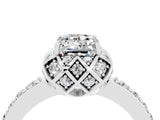 Platinum Emerald Cut Moissanite Scalloped Halo Engagement Ring with Round Shared Prong Band_58