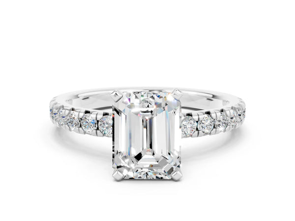 Platinum Emerald Cut Moissanite Solitaire Pavé Engagement Ring with Round Band and Prong Setting