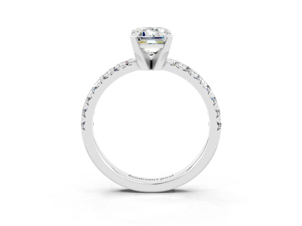 Platinum Emerald Cut Moissanite Solitaire Pavé Engagement Ring with Round Band and Prong Setting