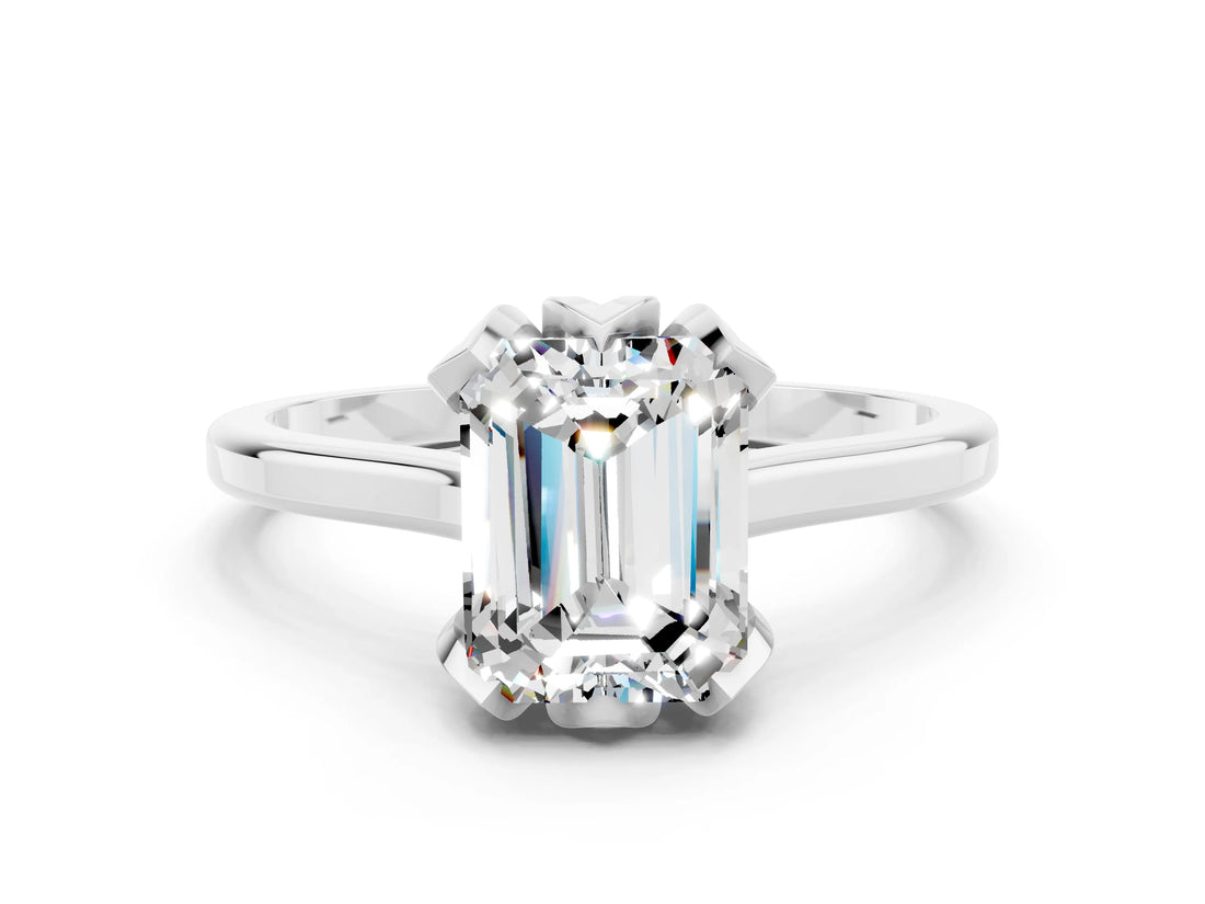 Platinum Emerald Cut Moissanite Solitaire Ring with Flower Prong Setting and Classic Band