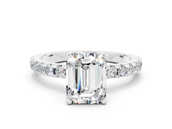 Platinum Emerald Cut Moissanite Solitaire Ring with Round Pavé Band and Four-Prong Setting