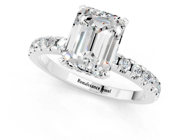 Platinum Emerald Cut Moissanite Solitaire Ring with Round Pavé Band and Four-Prong Setting