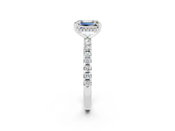Platinum Emerald Cut Moissanite Solitaire Ring with Round Pavé Band and Four-Prong Setting