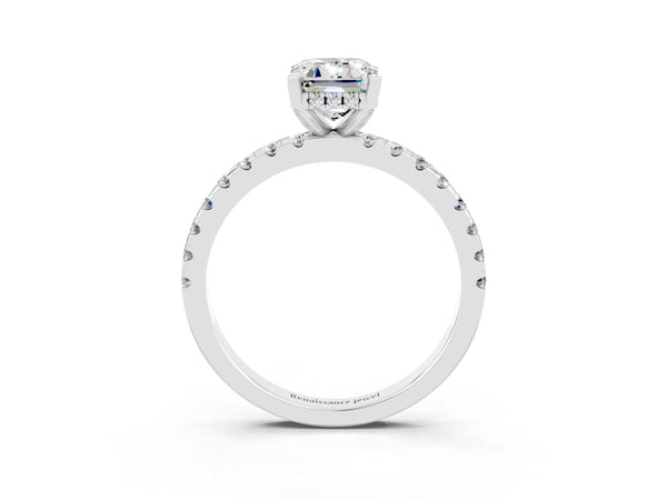 Platinum Emerald Cut Moissanite Solitaire Ring with Round Pavé Band and Four-Prong Setting