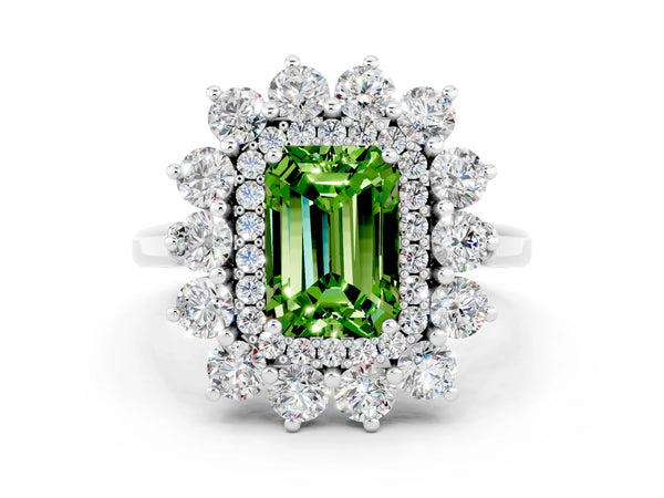 Platinum Emerald Cut Peridot Floral Double Halo Engagement Ring with Prong Setting