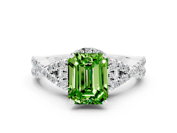 Platinum Emerald Cut Peridot  Halo Twist Band Solitaire Prong Setting Ring