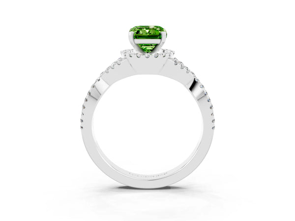 Platinum Emerald Cut Peridot  Halo Twist Band Solitaire Prong Setting Ring