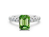 Platinum Emerald Cut Peridot Pavé Solitaire Ring with Round Band and Prong Setting_42