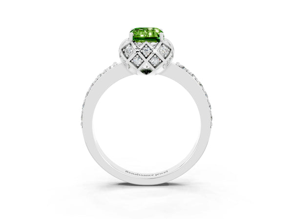 Platinum Emerald Cut Peridot Scalloped Halo Engagement Ring with Round Shared Prong Band