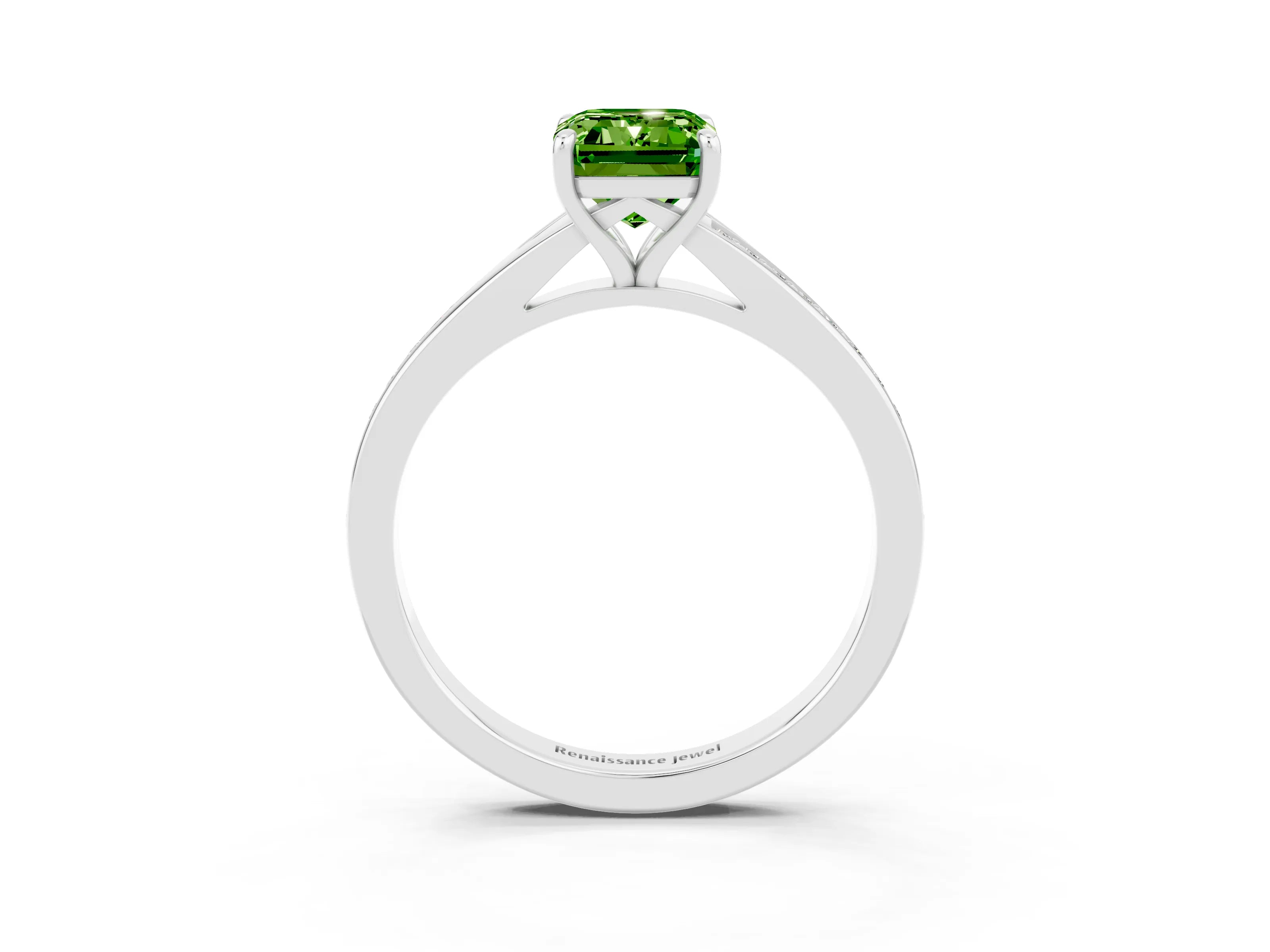 Platinum Emerald Cut Peridot Solitaire Ring with Pavé Band and Prong Setting_15