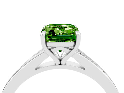 Platinum Emerald Cut Peridot Solitaire Ring with Pavé Band and Prong Setting_16