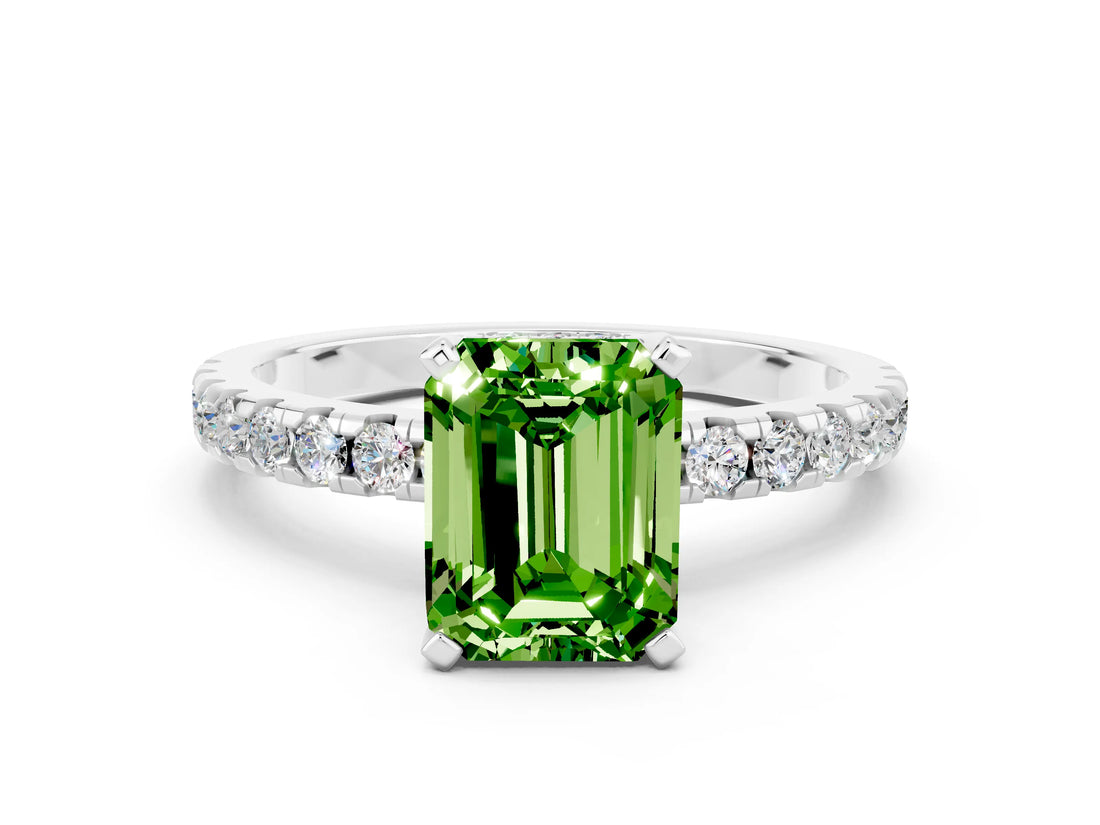 Platinum Emerald Cut Peridot Solitaire Ring with Round  Pavé Band and Four-Prong Setting_36