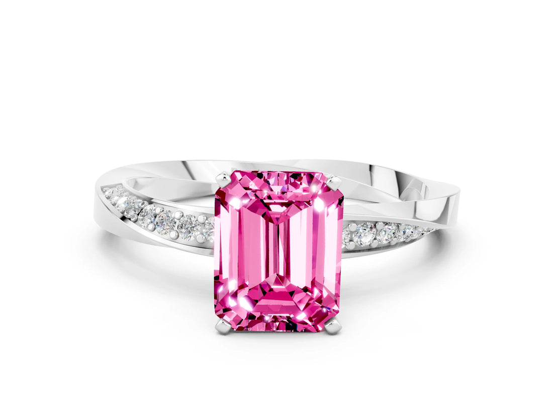 Platinum Emerald Cut Pink Sapphire Engagement Ring with Side Stone Accents and Four-Prong Setting_12