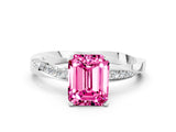 Platinum Emerald Cut Pink Sapphire Engagement Ring with Side Stone Accents and Four-Prong Setting_12