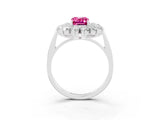 Platinum Emerald Cut Pink Sapphire Floral Double Halo Engagement Ring with Prong Setting_123