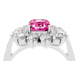 Platinum Emerald Cut Pink Sapphire Floral Double Halo Engagement Ring with Prong Setting_124