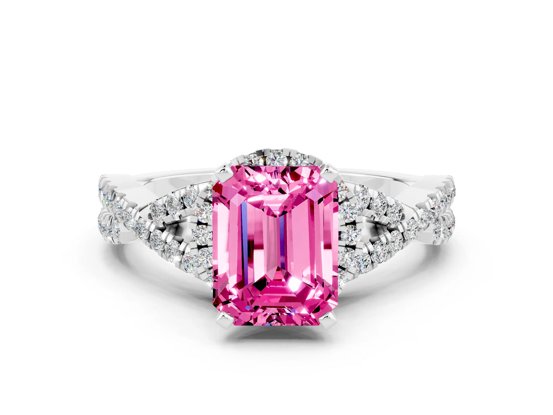 Platinum Emerald Cut Pink Sapphire  Halo Twist Band Solitaire Prong Setting Ring_24