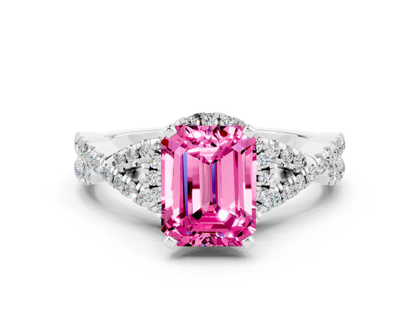 Platinum Emerald Cut Pink Sapphire  Halo Twist Band Solitaire Prong Setting Ring
