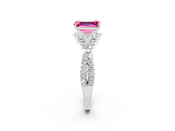 Platinum Emerald Cut Pink Sapphire  Halo Twist Band Solitaire Prong Setting Ring