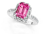 Platinum Emerald Cut Pink Sapphire Scalloped Halo Engagement Ring with Round Shared Prong Band_31