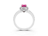 Platinum Emerald Cut Pink Sapphire Scalloped Halo Engagement Ring with Round Shared Prong Band_33