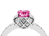 Platinum Emerald Cut Pink Sapphire Scalloped Halo Engagement Ring with Round Shared Prong Band_34