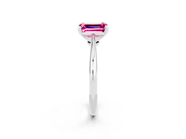 Platinum Emerald Cut Pink Sapphire Solitaire Engagement Ring with Classic Band and Four-Prong Setting