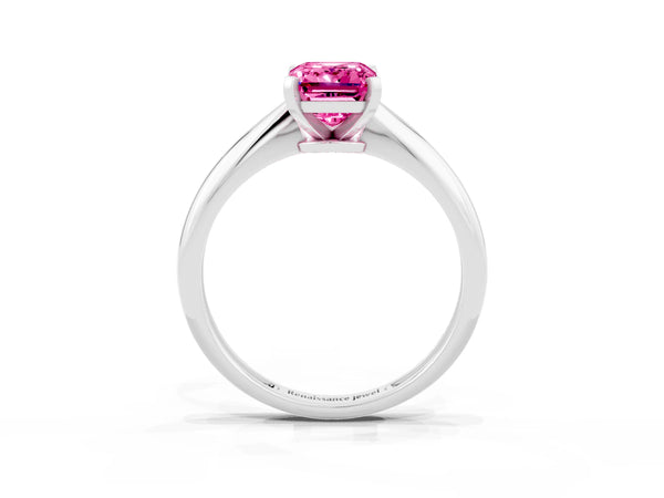 Platinum Emerald Cut Pink Sapphire Solitaire Engagement Ring with Classic Band and Four-Prong Setting