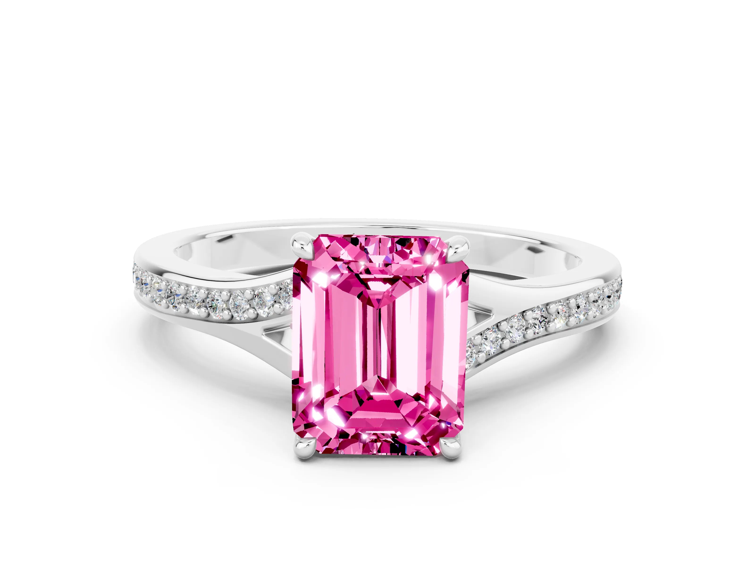 Platinum Emerald Cut Pink Sapphire Solitaire Ring with Pavé Band and Prong Setting_12
