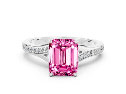Platinum Emerald Cut Pink Sapphire Solitaire Ring with Pavé Band and Prong Setting_12