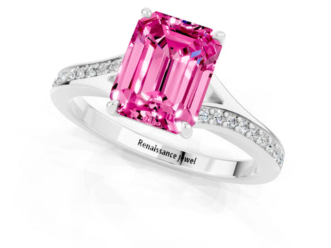 Platinum Emerald Cut Pink Sapphire Solitaire Ring with Pavé Band and Prong Setting_13
