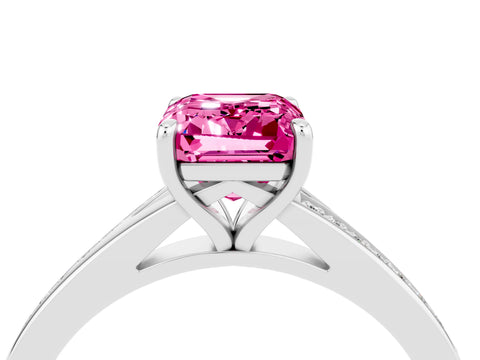 Platinum Emerald Cut Pink Sapphire Solitaire Ring with Pavé Band and Prong Setting_16