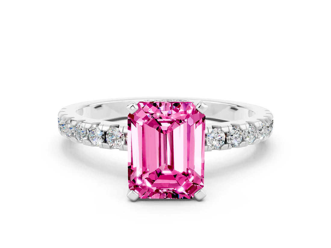 Platinum Emerald Cut Pink Sapphire Solitaire Ring with Round  Pavé Band and Four-Prong Setting_24