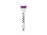 Platinum Emerald Cut Pink Sapphire Solitaire Ring with Round  Pavé Band and Four-Prong Setting_26