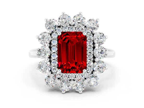 Platinum Emerald Cut Lab-Grown Ruby Floral Double Halo Engagement Ring with Plain Band