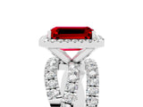 Platinum Emerald Cut Ruby Halo Ring with Round Split Shank and Prong Setting_71