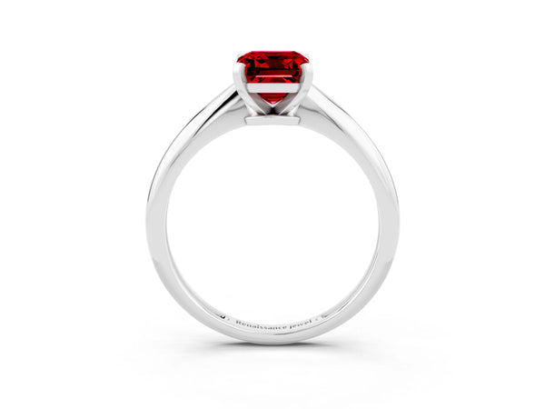 Platinum Emerald Cut Lab-Grown Ruby Solitaire Engagement Ring with Thin Plain Band and Basket Head