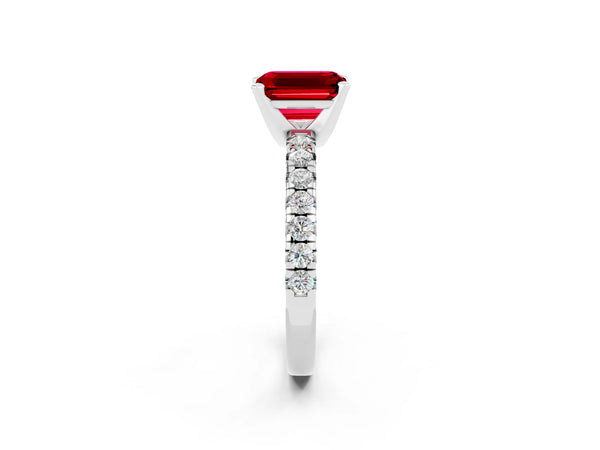 Platinum Emerald Cut Ruby Solitaire Pavé Engagement Ring with Round Band and Prong Setting
