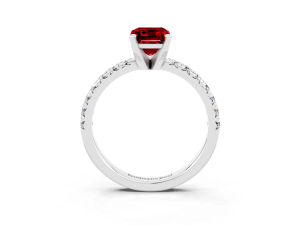Platinum Emerald Cut Ruby Solitaire Pavé Engagement Ring with Round Band and Prong Setting