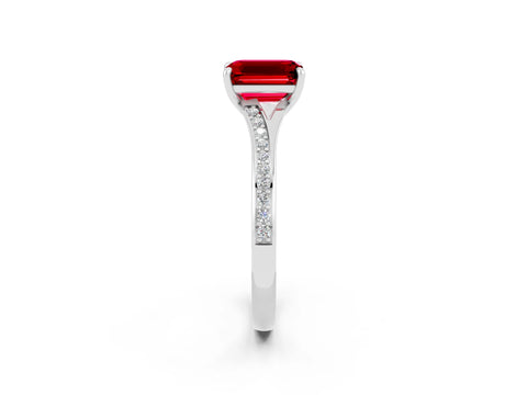 Platinum Emerald Cut Ruby Solitaire Ring with Pavé Band and Prong Setting_14