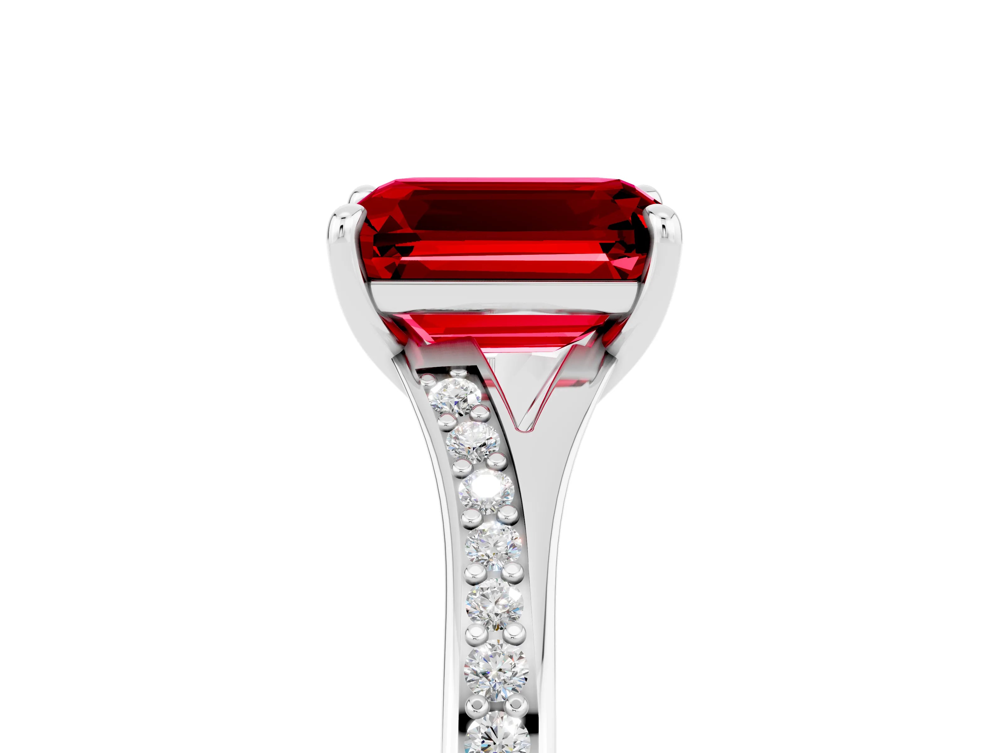 Platinum Emerald Cut Ruby Solitaire Ring with Pavé Band and Prong Setting_17