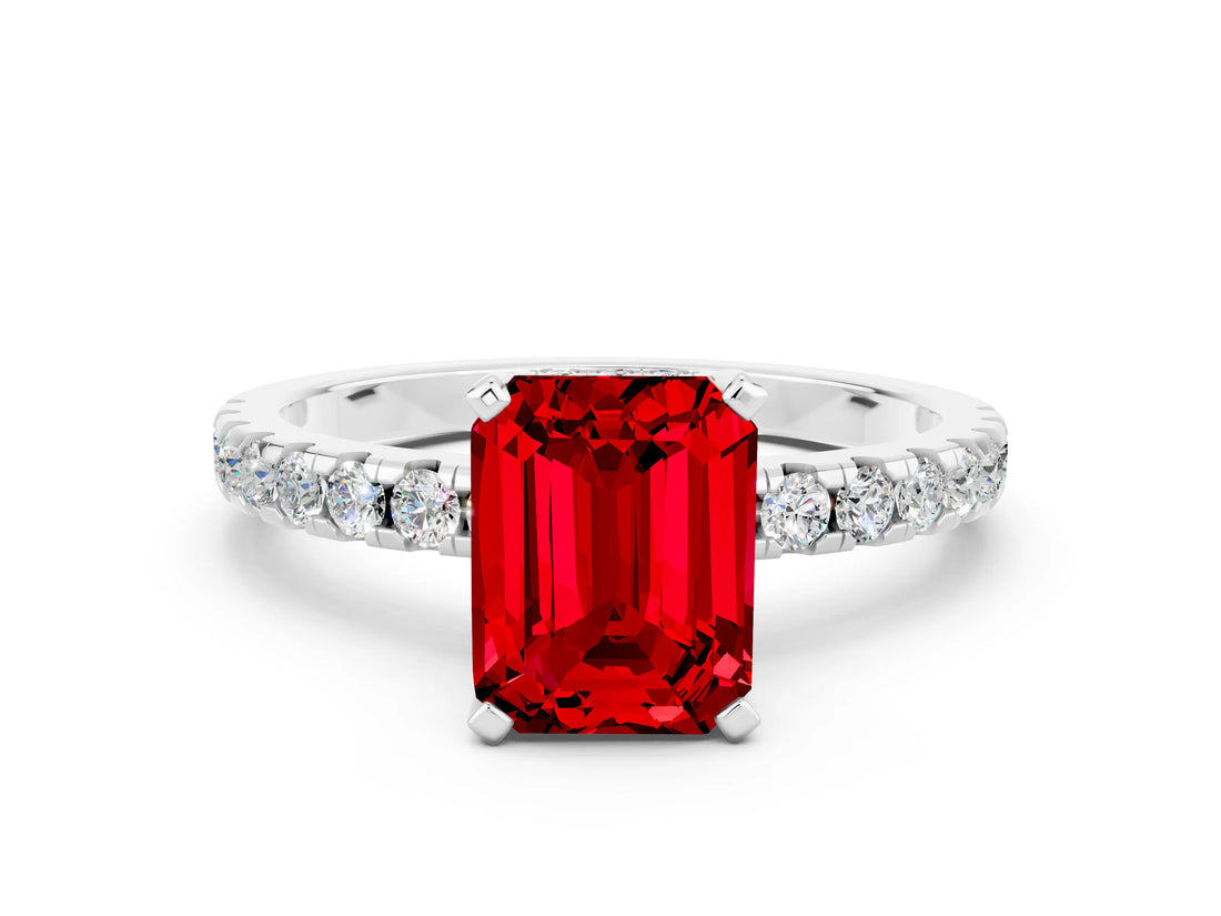 Platinum Emerald Cut Ruby Solitaire Ring with Round  Pavé Band and Four-Prong Setting_24
