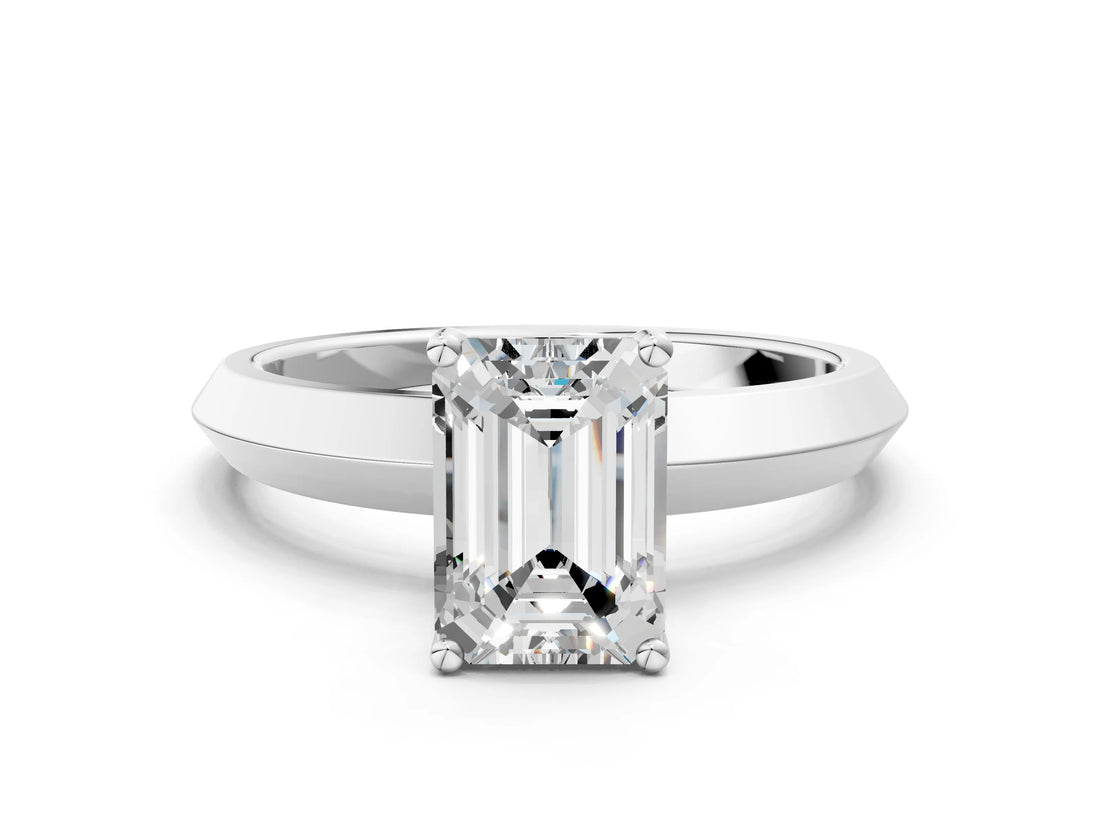 Platinum Emerald Cut Solitaire Engagement Ring with Flat Band and Four-Prong Setting