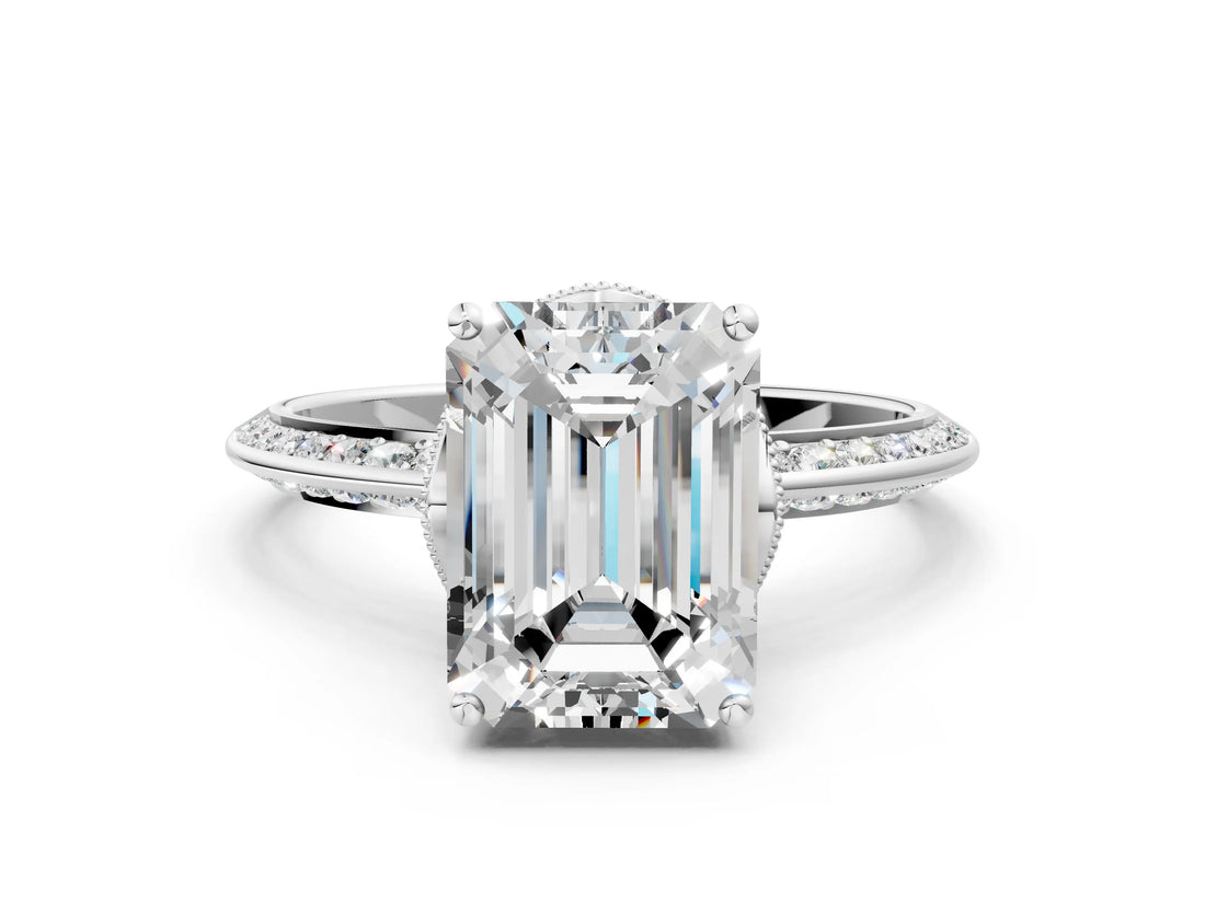 Platinum Emerald Cut Solitaire Split Shank Pave Diamond Engagement Ring with Four-Prong Setting_49