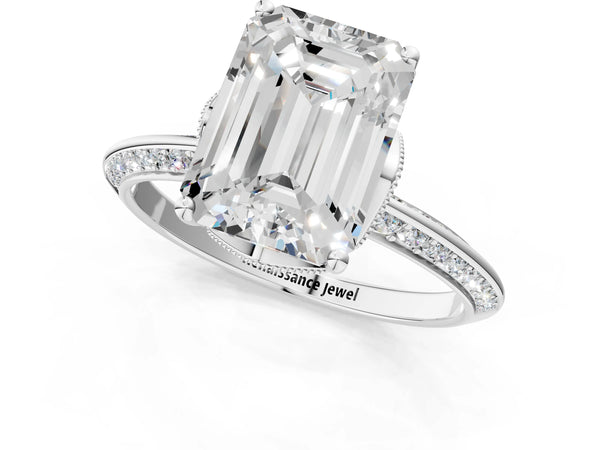 Platinum Emerald Cut Graduated Pave Engagement Ring Setting