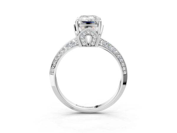 Platinum Emerald Cut Graduated Pave Engagement Ring Setting