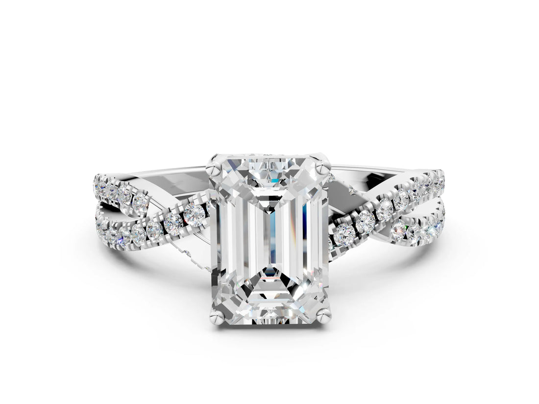 Platinum Emerald Cut Solitaire Twist Pave Diamond Engagement Ring with Prong Setting_31