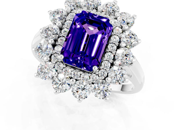 Platinum Emerald Cut Tanzanite Floral Double Halo Engagement Ring with Prong Setting