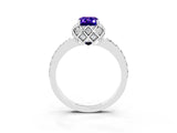 Platinum Emerald Cut Tanzanite Scalloped Halo Engagement Ring with Round Shared Prong Band_57