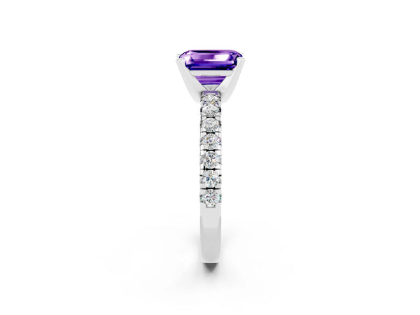 Platinum Emerald Cut Tanzanite Solitaire Pavé Engagement Ring with Round Band and Prong Setting